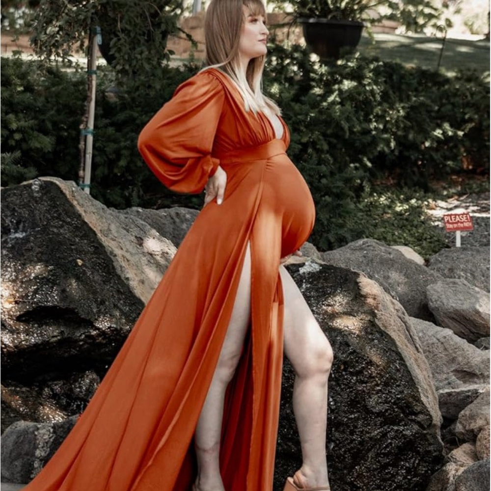 Orange Plunge Neck Long Sleeve Gown with Slit